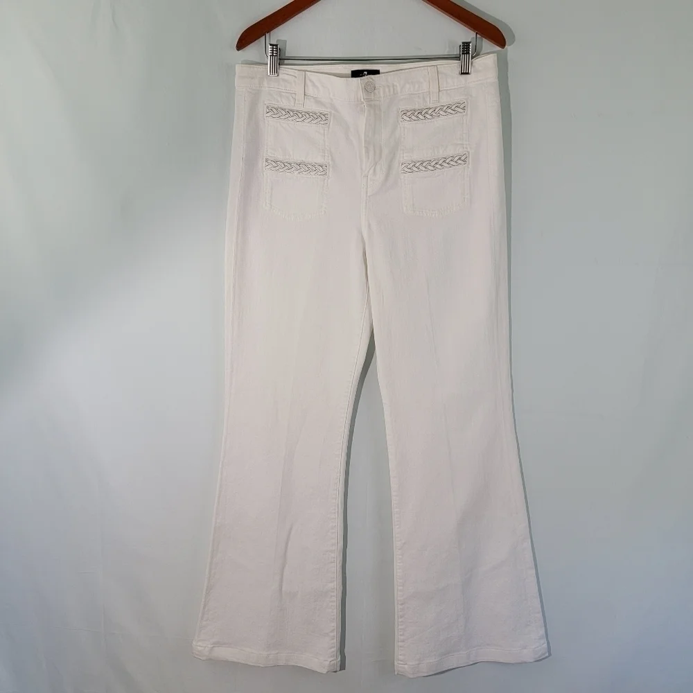 7 FAM Women High-Rise Wide-Leg Jeans Sz 31 White Braided Stretch Pockets